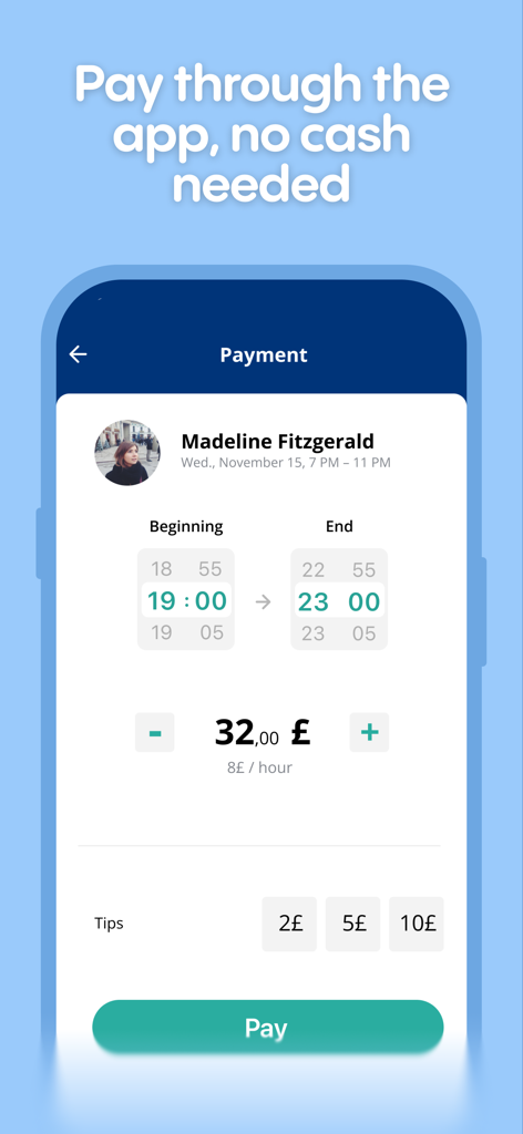 Baby Sittor - Baby Sittor app payment screen showing hours total cost and tip options