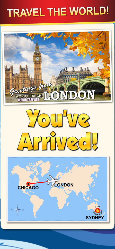 Word Search World Traveler - A promotional screen for Word Search World Traveler showing a postcard of London and a flight map from Chicago to London.