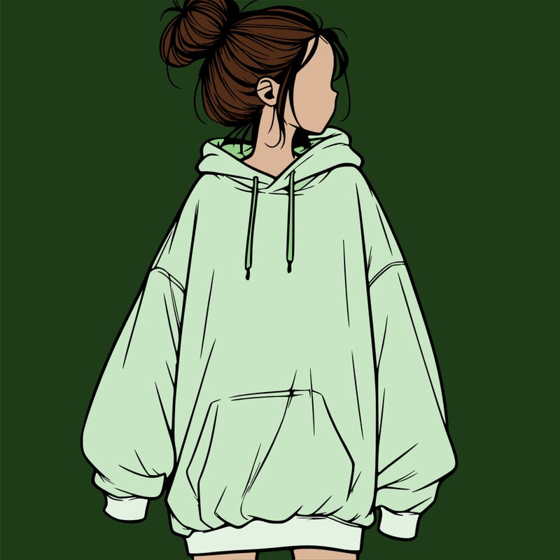realistic girl with a oversized sweatshirt on and a bun