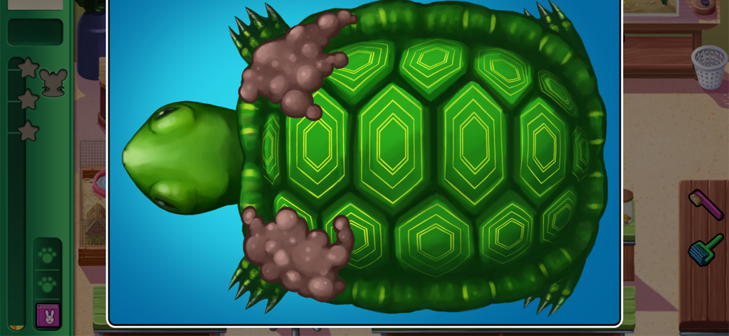 Dr. Cares - Amy's Pet Clinic - A green turtle being treated in a veterinary clinic mini game