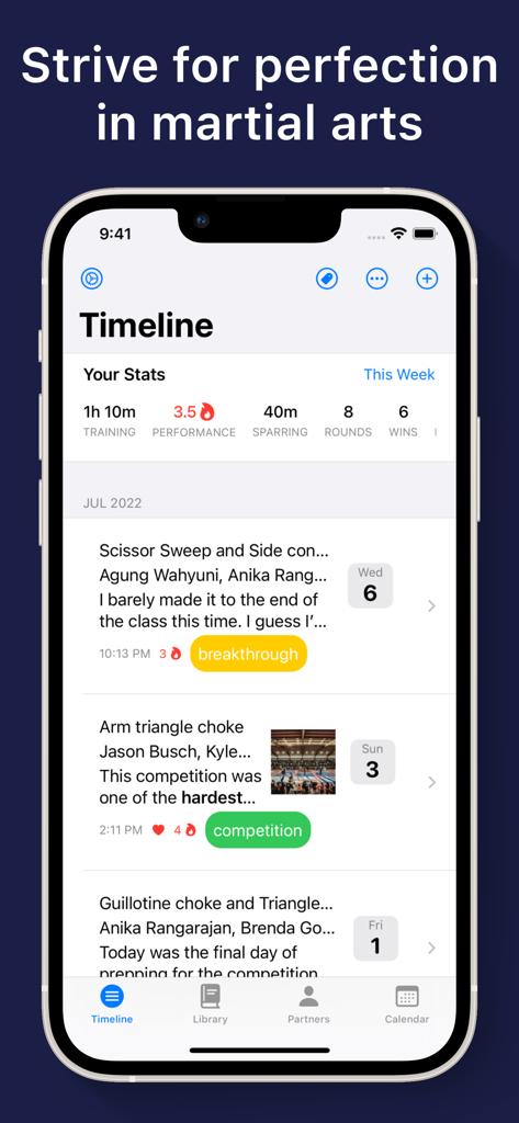 Martial Arts Training Journal - Martial Arts Training Journal app displaying a timeline of training sessions and performance statistics.