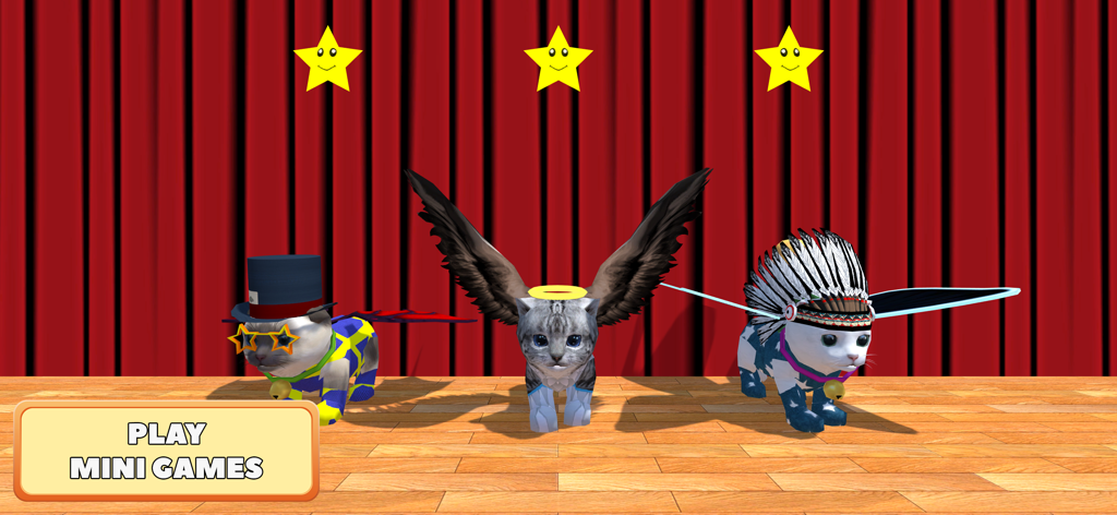 Cute Pocket Cat 3D - Part 2 - Three 3D kittens in costumes on a stage with a play mini games button