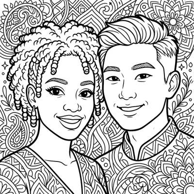 Discover a beautiful coloring page celebrating intercultural love and connection. This intricate design features a joyful couple set against a backdrop of rich, diverse patterns.