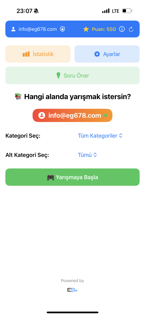 Milyoner App - Main menu screen of the Milyoner App showing category selection options and a start competition button.