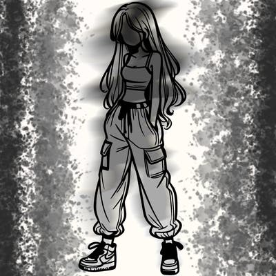 girl in baggy pants crop top and long hair