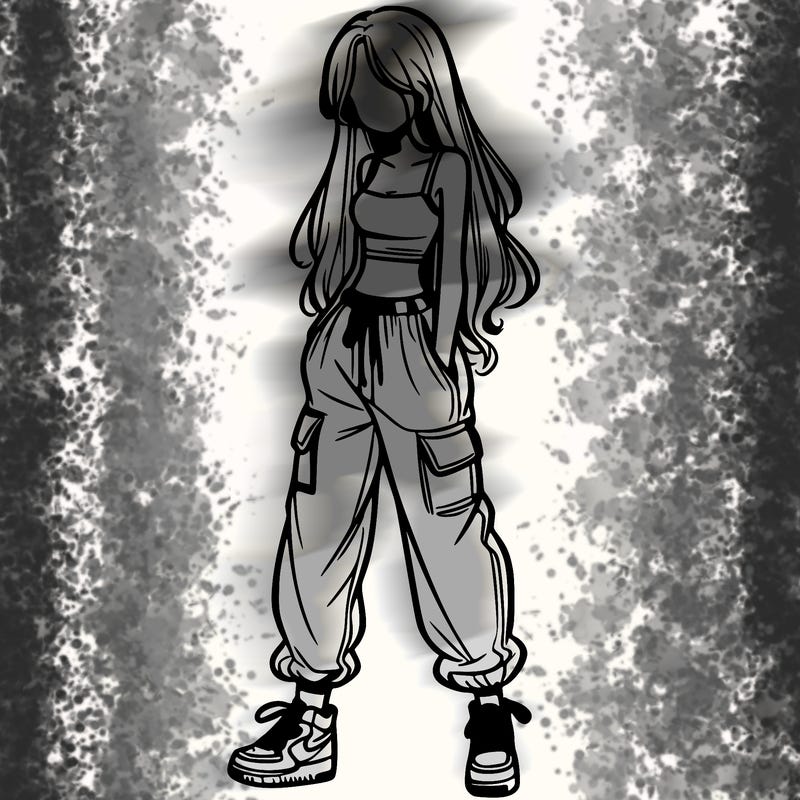 girl in baggy pants crop top and long hair