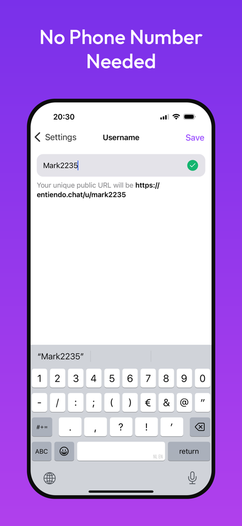 Entiendo - Multilingual Chat - Un smartphone affichant l'écran de sélection du nom d'utilisateur de l'application Entiendo sans nécessiter de numéro de téléphone.