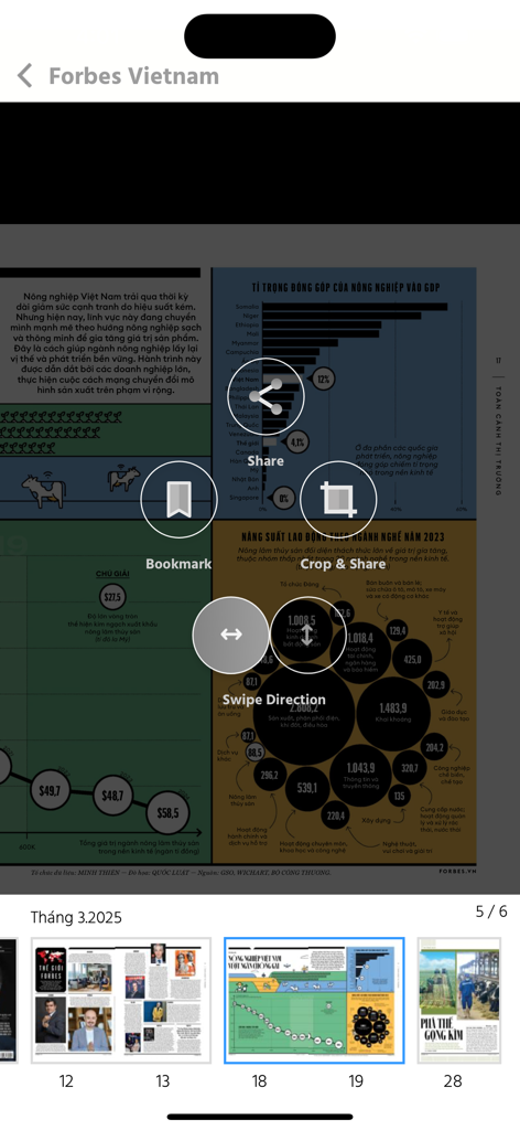 Interfaz de revista digital de la aplicación Forbes Vietnam con iconos interactivos e infografías de negocios