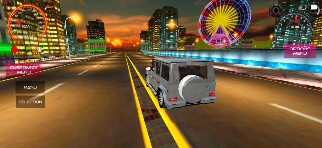 Extreme Car Driving 2 - Un SUV plateado conduciendo por una carretera de ciudad al atardecer con una noria de fondo en Extreme Car Driving 2