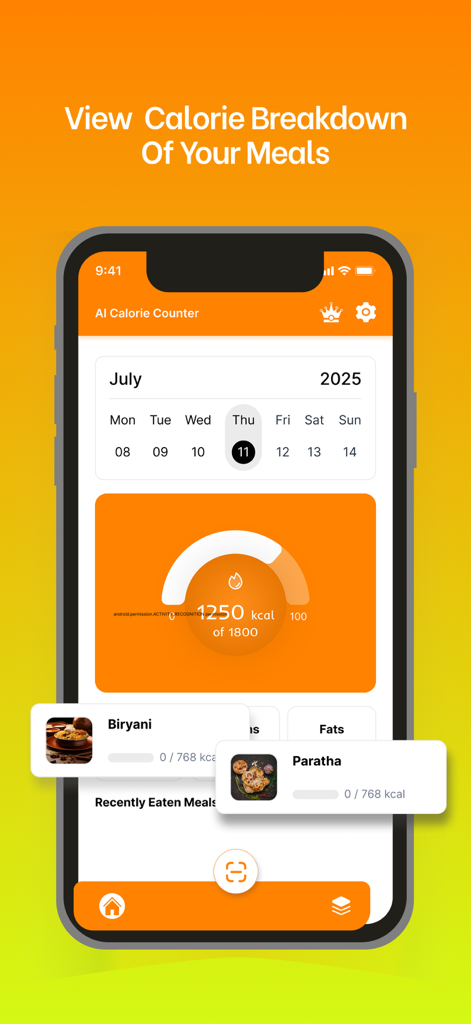 Cal Diet - AI Calorie Tracker - The Cal Diet app dashboard showing daily calorie progress and a list of logged meals like biryani and paratha