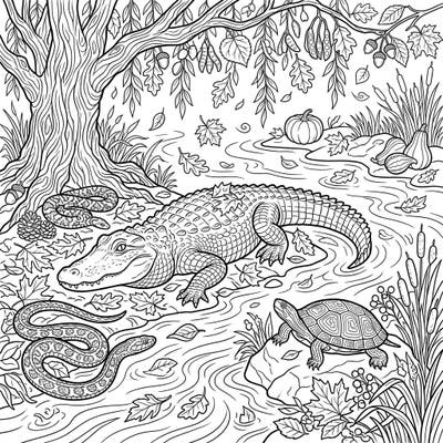 Explore the wonders of an autumn river habitat with this captivating coloring page. Discover an alligator, turtles, and snakes nestled among falling leaves and seasonal gourds, ready for your creative touch.