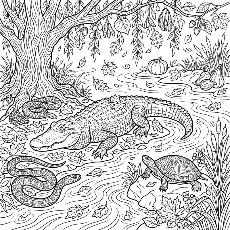 Explore the wonders of an autumn river habitat with this captivating coloring page. Discover an alligator, turtles, and snakes nestled among falling leaves and seasonal gourds, ready for your creative touch.