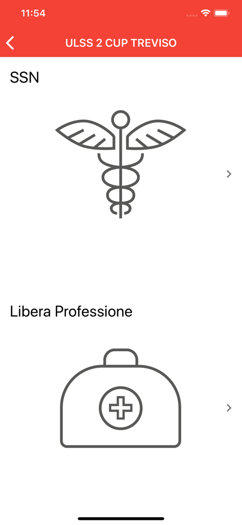 Interfaccia dell'app per la selezione tra servizi sanitari pubblici e prenotazioni private