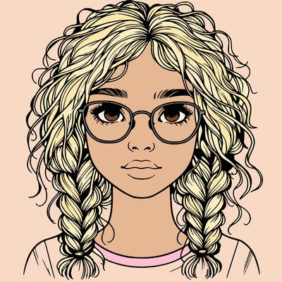 realistic girl with glasses and frizzy hair in braids