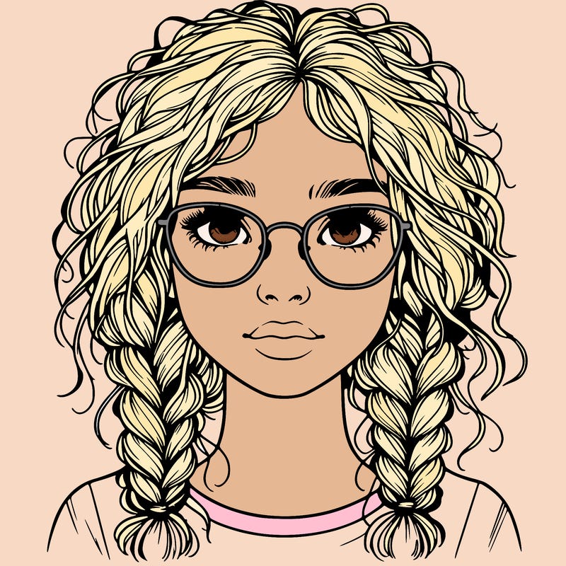 realistic girl with glasses and frizzy hair in braids