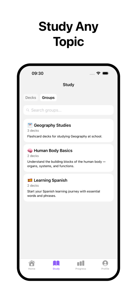 BrainDeck: AI Flashcards - BrainDeck app screen showing flashcard groups for various study topics like geography and languages