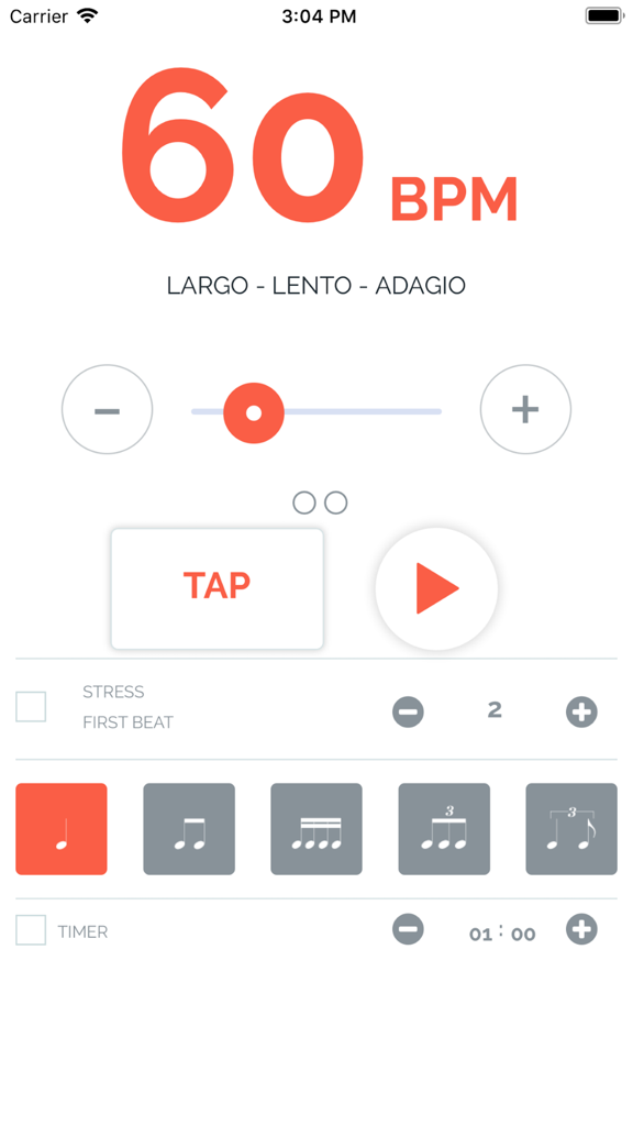 Metronome - A clean mobile app interface for a metronome showing 60 BPM with adjustable tempo and rhythm settings