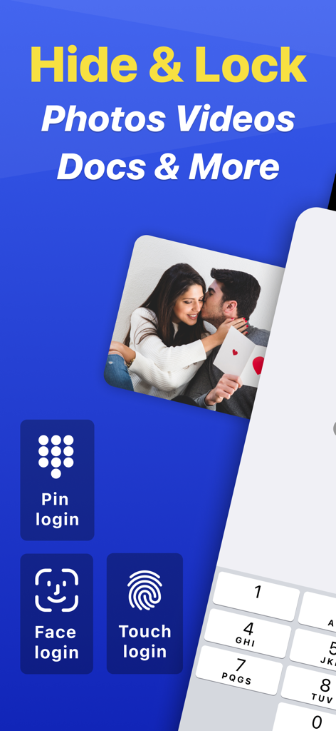 Photo Vault & App Lock Safedoc - Interfaz de la aplicación SafeDoc que muestra opciones de inicio de sesión de seguridad como PIN, Face ID y Touch ID para ocultar y bloquear fotos y videos