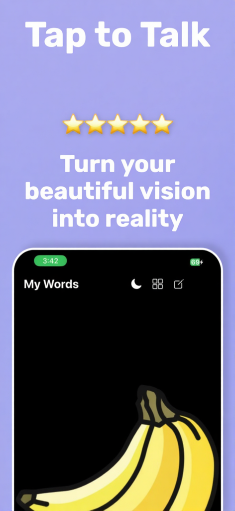 Una captura de pantalla de la aplicación Talking Tiles AAC que muestra un icono grande de plátano y el texto Tap to Talk.