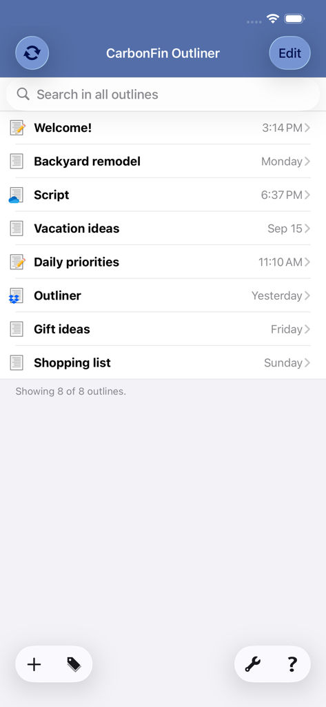 Interfaz principal de la aplicación CarbonFin Outliner mostrando una lista de esquemas de proyectos
