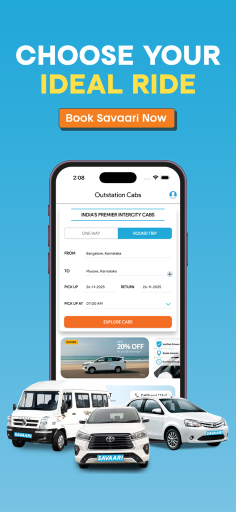 Savaari - Car Rental & Taxi - 인도에서 다양한 차량 유형으로 외곽 이동 예약을 위한 사바리 앱 화면