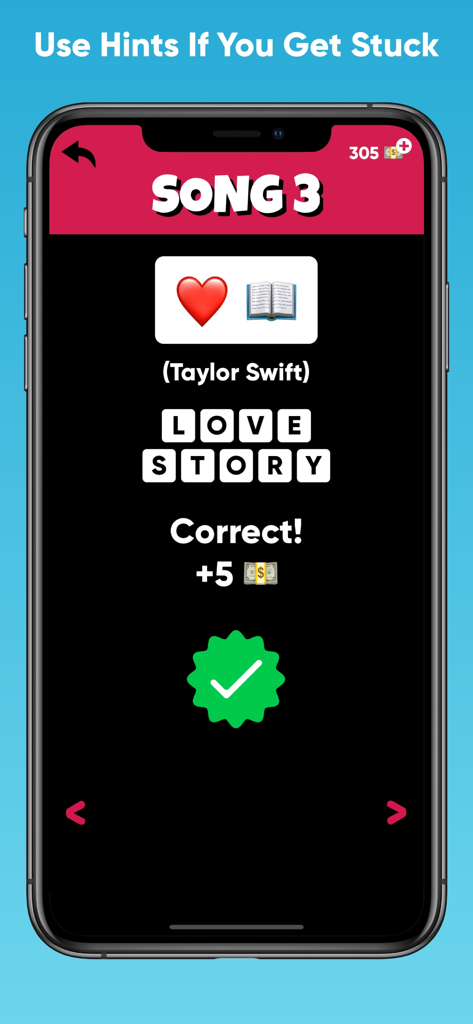 Guess the Song:  Music Quiz - Ein mobiler Bildschirm eines Musikquizspiels, der ein Emoji-Rätsel für den Song Love Story von Taylor Swift zeigt.