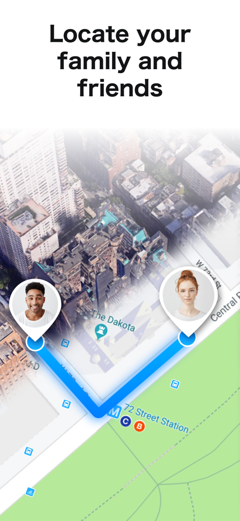 GeoLoc - GPS Location Tracker - GeoLocアプリのインターフェース。3D都市マップ上に家族のリアルタイム位置が表示されています