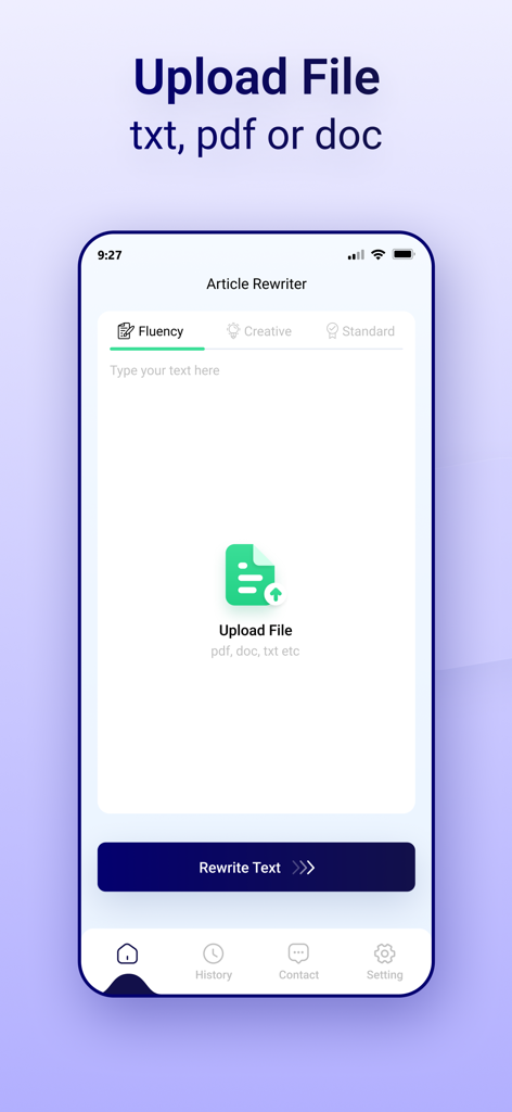 Article Rewriter Spinner - Upload-Datei-Oberfläche in der Artikel-Umformulierer Spinner-App, die PDF- und Word-Dokumente unterstützt.
