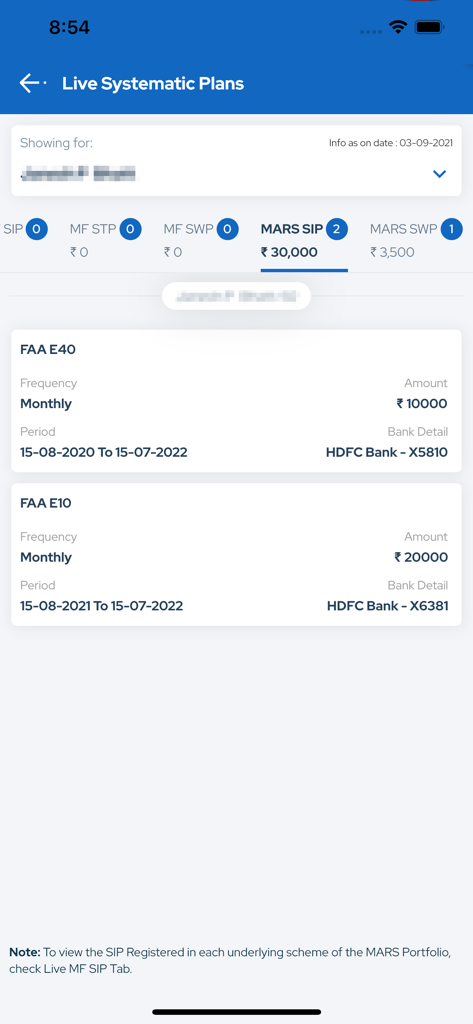 NJ E-Wealth app screen showing live systematic investment plans with monthly SIP details