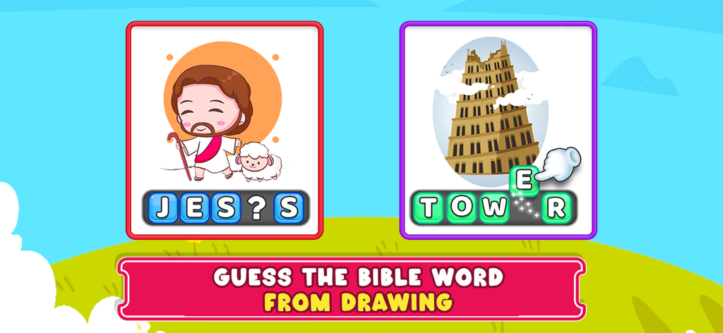 Bible Puzzles and Games - Children guessing Bible words like Jesus and Tower of Babel from cartoon drawings
