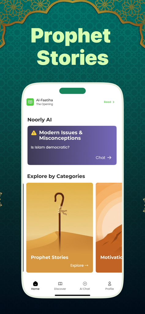 Noorly - Al Quran, Azkar, Deen - Una pantalla de aplicación móvil para Noorly que muestra Historias de Profetas y una sección de chat IA para conceptos erróneos islámicos modernos.