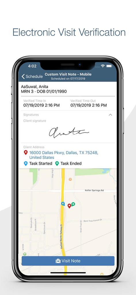 Axxess HomeCare - Electronic visit verification screen in the Axxess HomeCare app showing patient details and a map