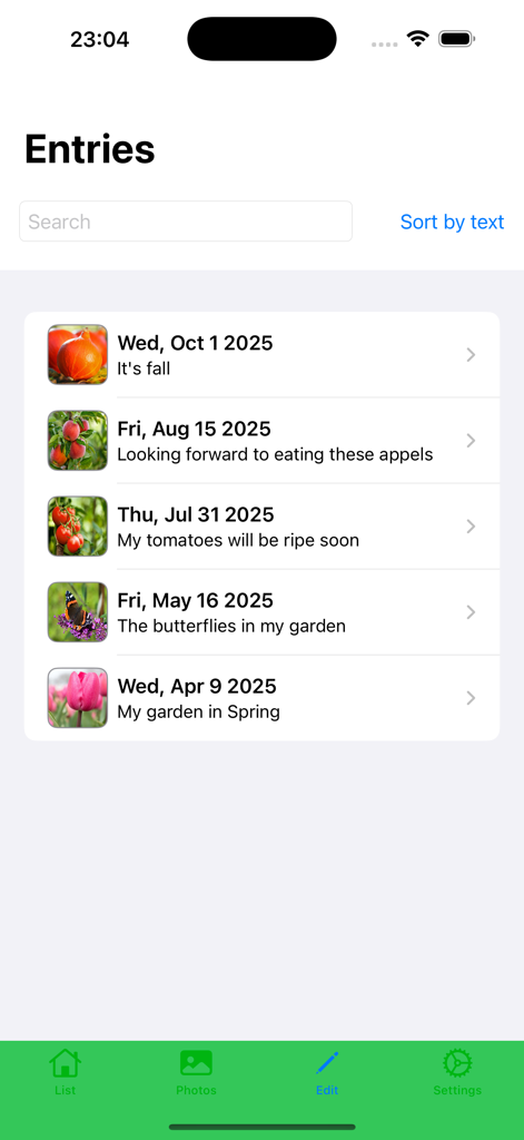 My garden year - List of gardening journal entries showing dates photos and seasonal notes
