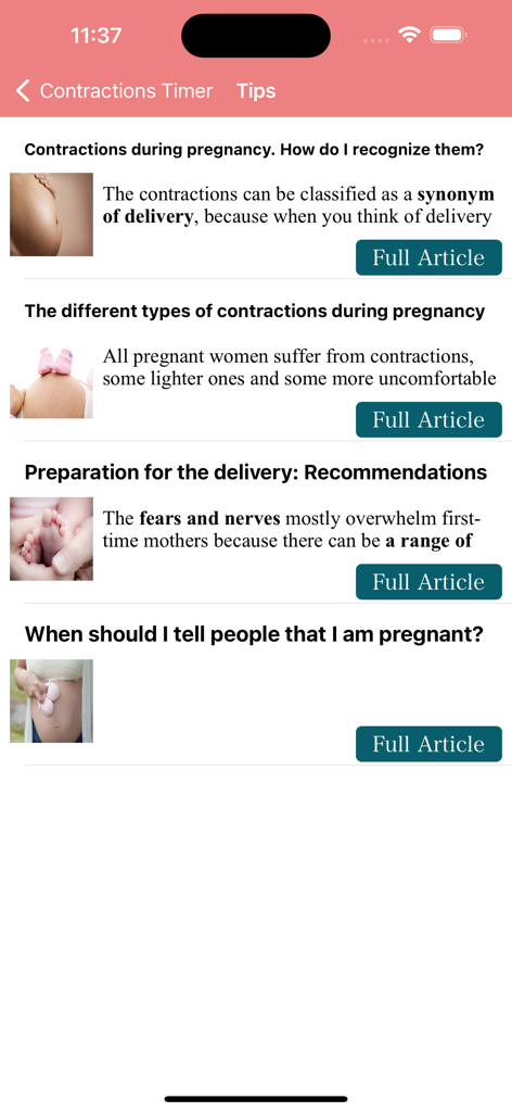 Educational articles and tips for expectant mothers in the Contraction Timer app
