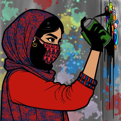 realistic girl with mask spray painting a wall