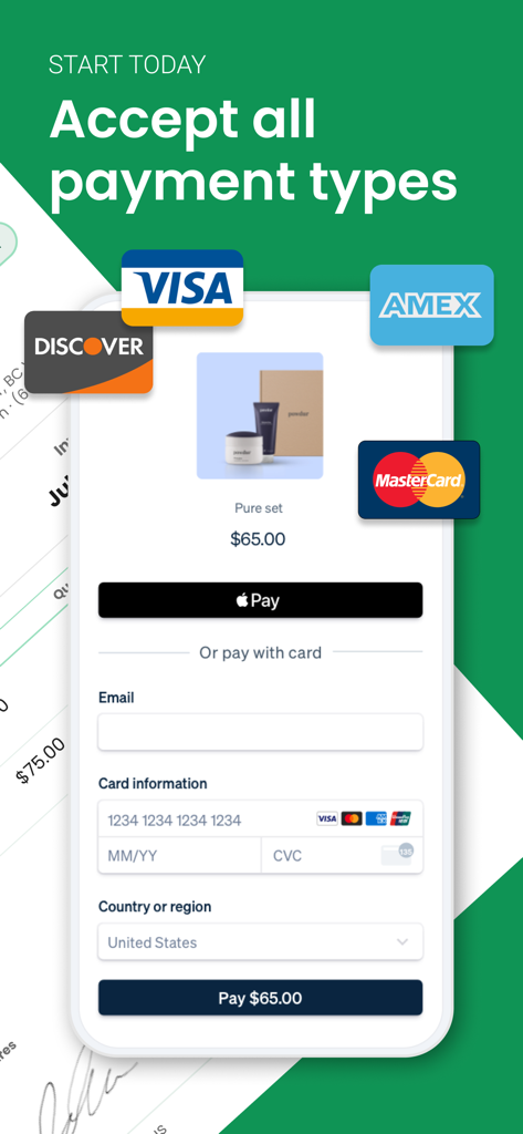 Invoice Maker by Easy Expense - Mobile app screen showing invoice payment options including credit cards and Apple Pay