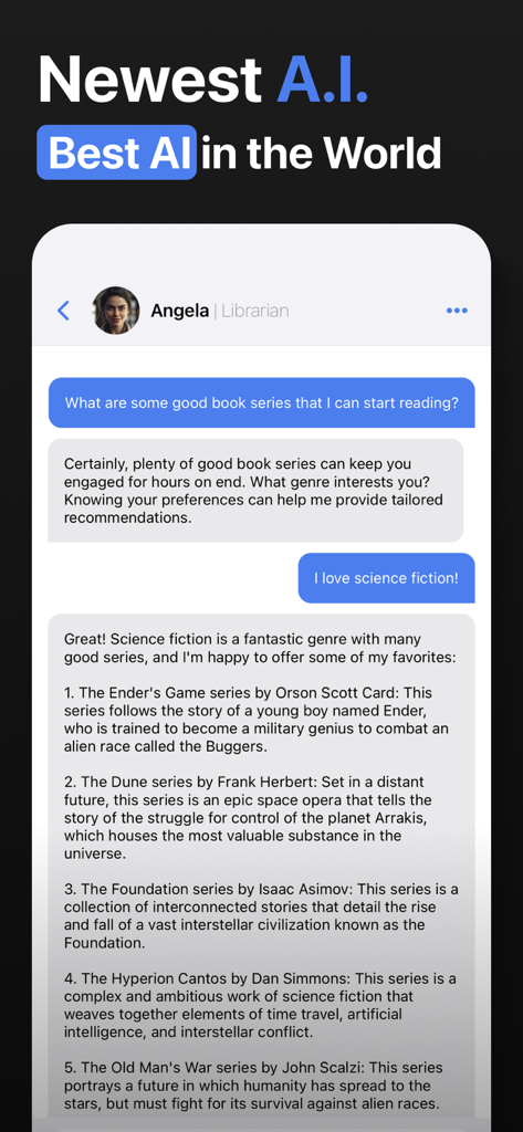 Socrates AI: Smartest Chatbots - Socrates AI chat interface where a librarian persona provides science fiction book recommendations.