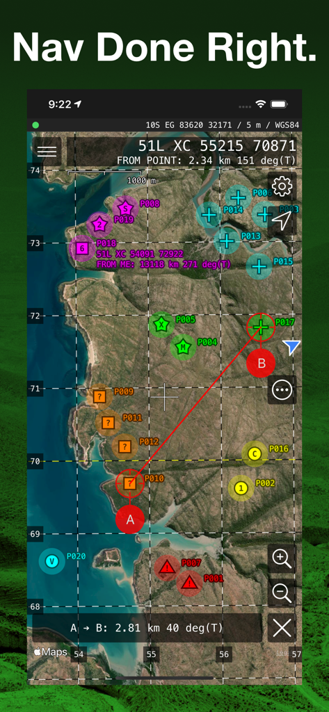 MilGPS app interface displaying a satellite map with MGRS grid lines and navigation waypoints.