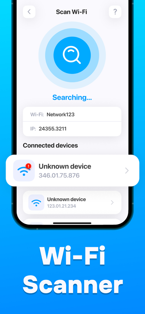 Hidden Camera Finder: SpySense - Interfaz de la aplicación SpySense escaneando una red Wi-Fi para detectar dispositivos conectados desconocidos y posibles cámaras ocultas