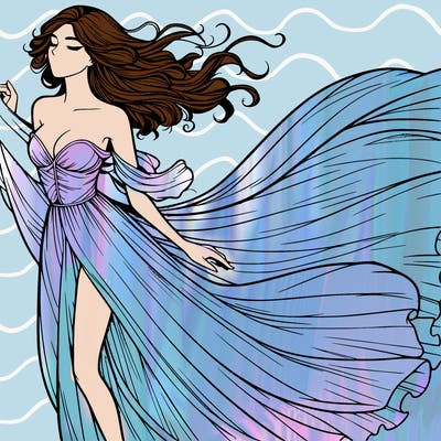 realistic woman in dress flowing the the wind