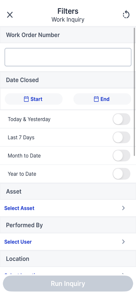 Transcendent Work Management - Filter screen for work inquiry within the Transcendent Work Management mobile application showing options for work order number date closed and asset selection.