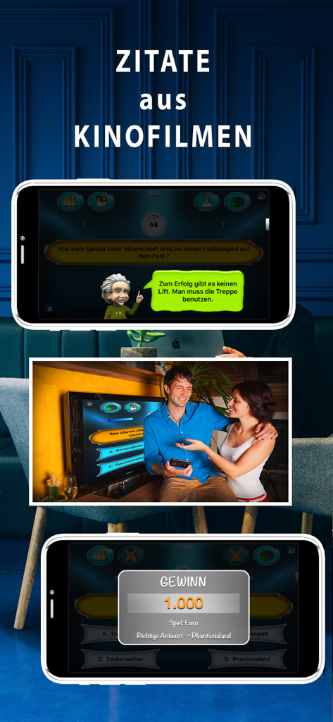 Millionär Strategiequiz M PRO - Screenshots einer deutschen Quiz-App, die Filmzitate und Apple TV-Unterstützung für soziales Spielen zeigen.