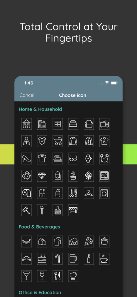 Finfluence - Interface showing a variety of icons for customizing transaction categories in the Finfluence app