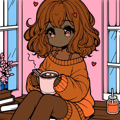 cute anime girl reading book and drinking hot chocolate from mug with loose wavy hair wearing a baggy sweatshirt and shorts sitting by windowsill looking out