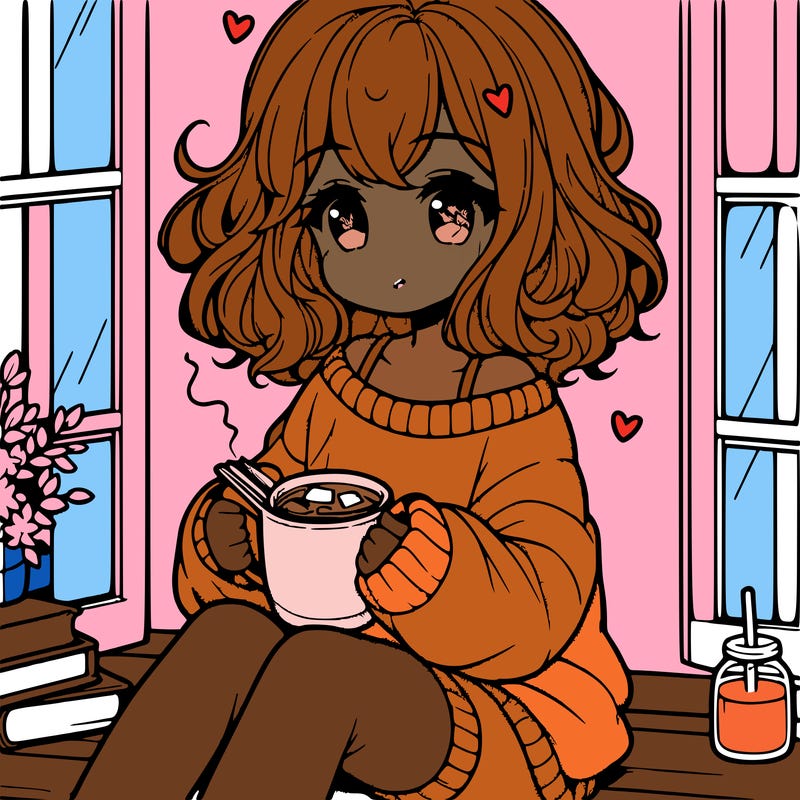 cute anime girl reading book and drinking hot chocolate from mug with loose wavy hair wearing a baggy sweatshirt and shorts sitting by windowsill looking out