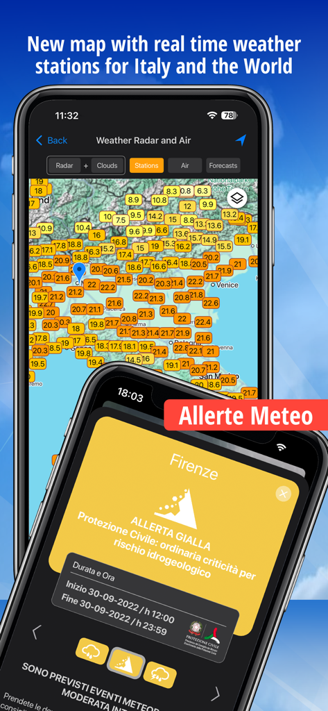 Screenshot dell'app Meteo che mostra una mappa delle stazioni meteorologiche in tempo reale dell'Italia e allerte meteo ufficiali per Firenze