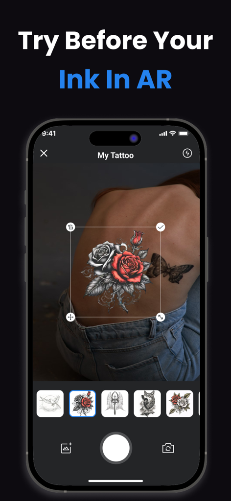 AI Tattoo Design - Name Tattoo - A mobile phone displaying an AR tattoo preview of a rose and butterfly design on a person's back