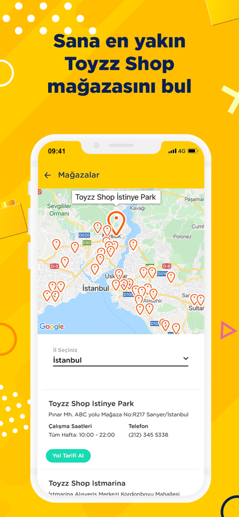 Schermata dell'app mobile Toyzz Shop che mostra una mappa localizzatore di negozi con pin e dettagli sulla posizione specifica del negozio.