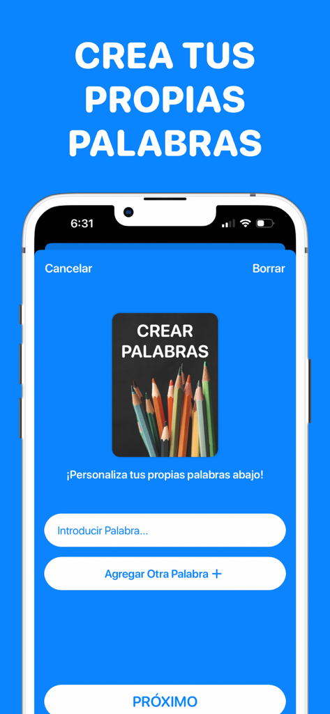 Charades Spanish app screen for creating custom game words