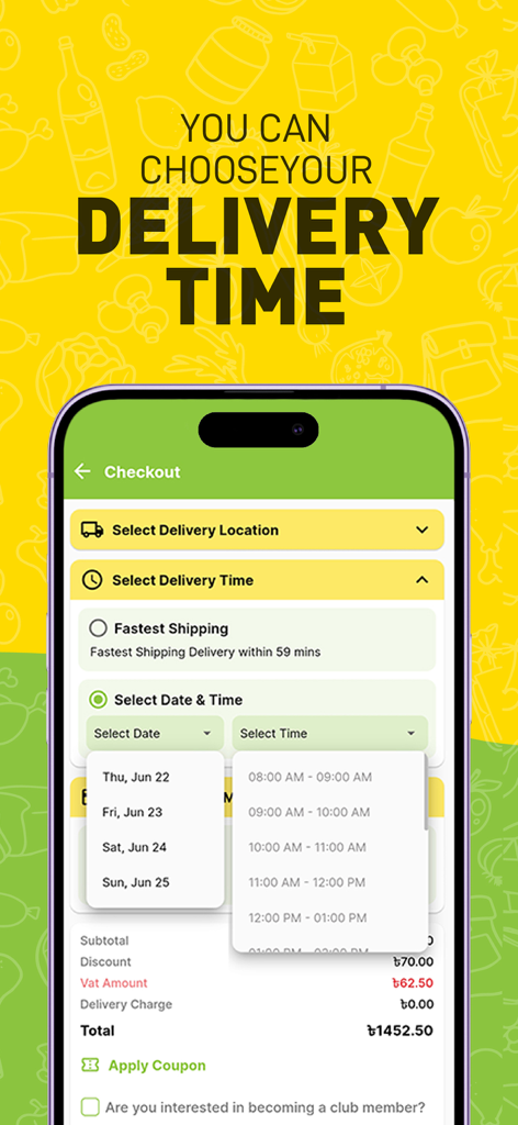 Meena Bazar Online - Mobile app screen for Meena Bazar Online showing grocery delivery date and time options